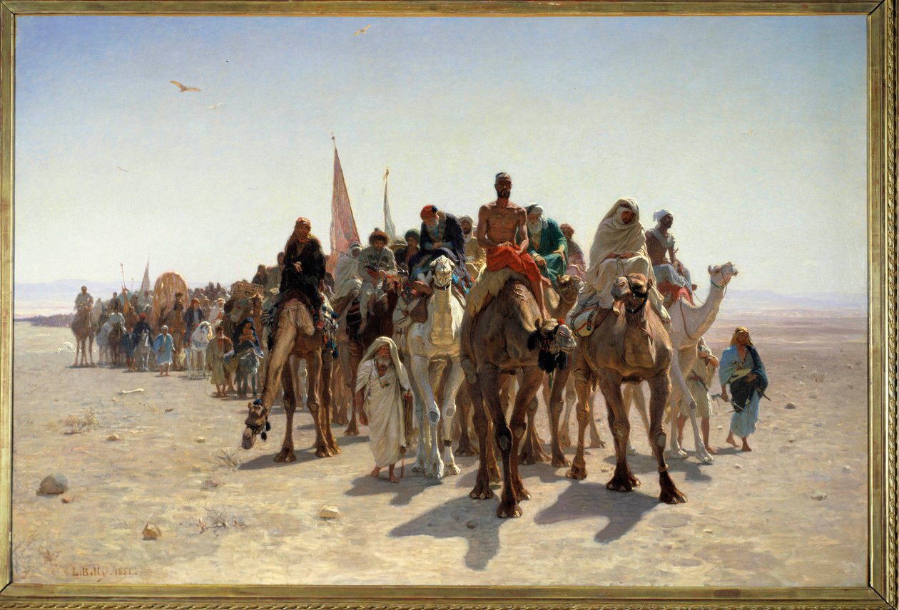 Pelerins 从沙漠中骑骆驼的旅行者前往麦加 Carvane。 绘画由 Leon Auguste Adolphe Belly (1827-1877) 1861 年 1,6x2,4 m 巴黎，奥赛博物馆 作者 莱昂·奥古斯特·阿道夫·贝利