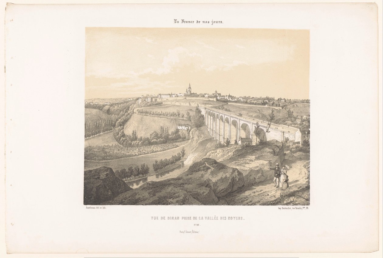 迪南和横跨兰斯河的高架桥景观
Vue de Dinan prise de la Vallée des Noyers（物上标题）
当代法国（系列名称）
今天的法国（文物上的系列名称） 作者 莱昂·奥古斯特·阿塞琳娜