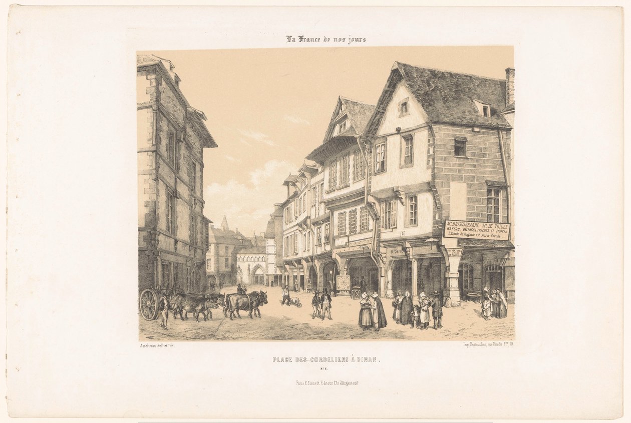 迪南 Cordeliers 广场的景观 Place des Cordeliers à Dinan（物体上的标题） 当代法国（系列名称） La France de nos jours（物体上的系列标题） 作者 莱昂·奥古斯特·阿塞琳娜