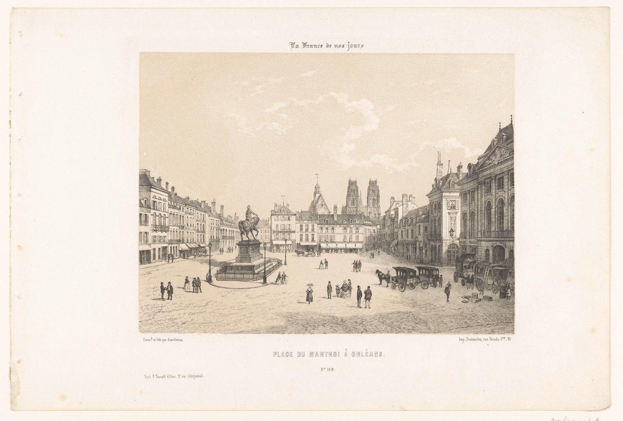 奥尔良的马特罗伊广场（Zicht op de Place du Martroi in Orléans
奥尔良的马特罗伊广场（物体上的标题）
Hedendaags Frankrijk（系列标题）
La France de nos jours（物品上的系列名称） 作者 莱昂·奥古斯特·阿塞琳娜