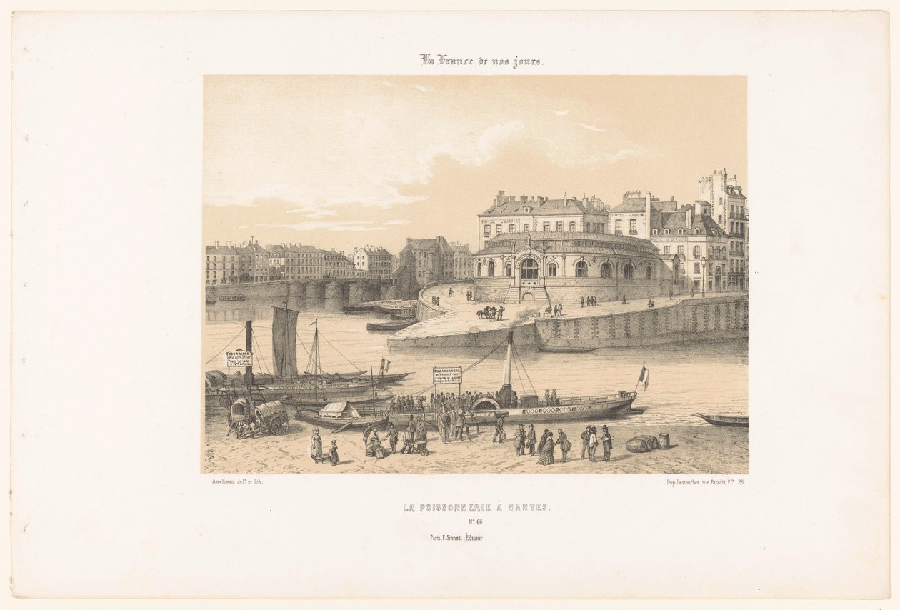 从码头眺望南特鱼馆
La poissonnerie à Nantes（物品上的标题）
当代法国（系列名称）
今天的法国（文物上的系列名称） 作者 莱昂·奥古斯特·阿塞琳娜