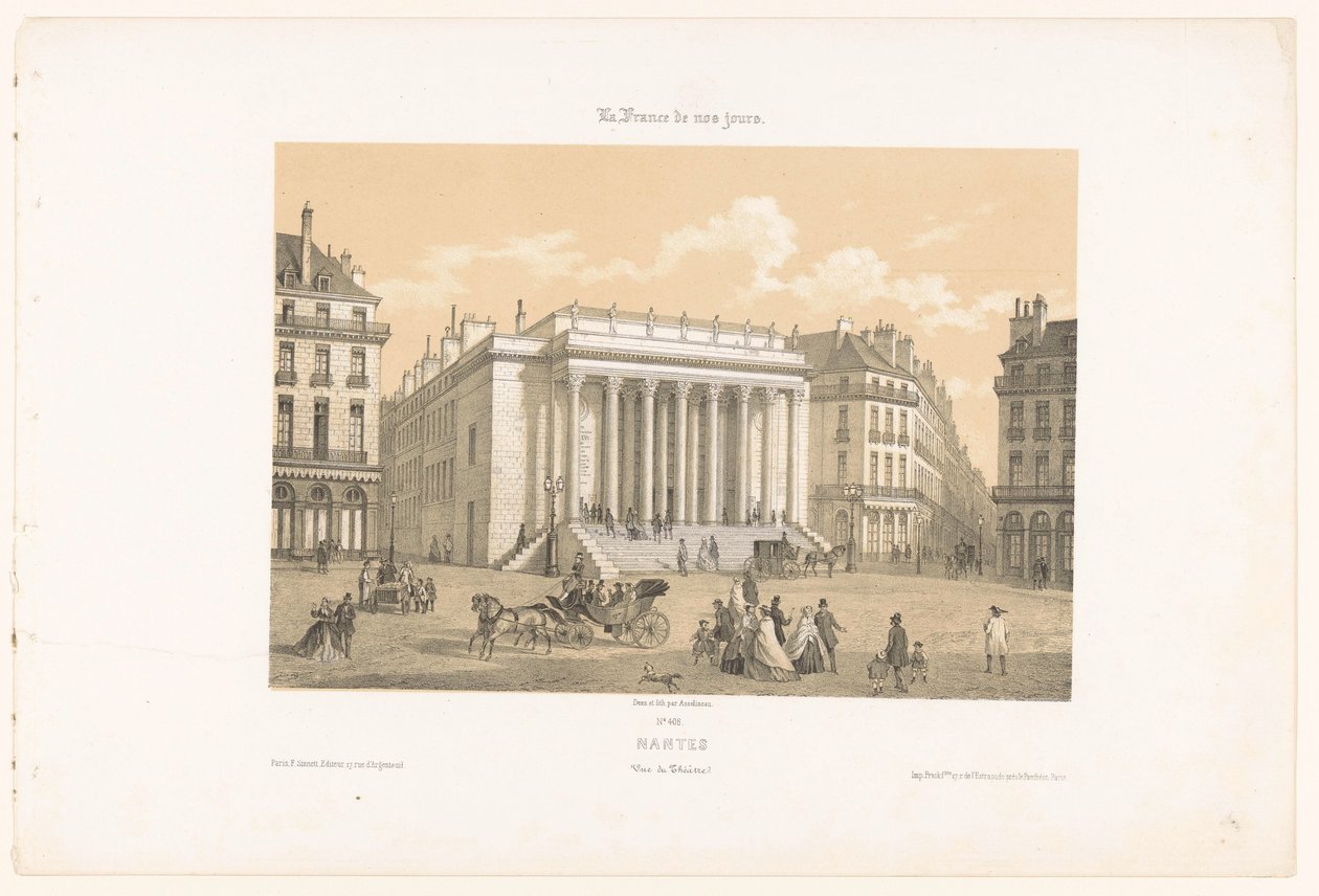 南特格拉斯兰剧院的景观 南特。 Vue du théâtre（物体上的标题） 当代法国（系列名称） La France de nos jours（物体上的系列标题） 作者 莱昂·奥古斯特·阿塞琳娜