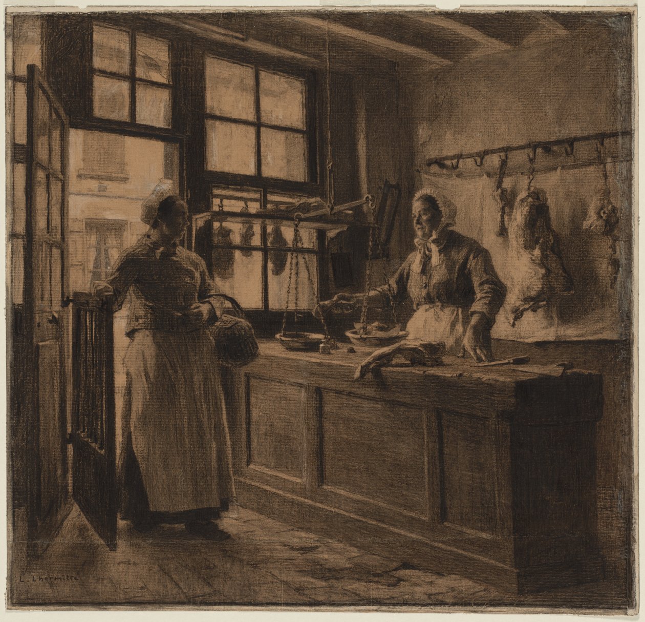 肉店的内部，c。 1881年。 作者 莱昂·奥古斯丁·莱米特