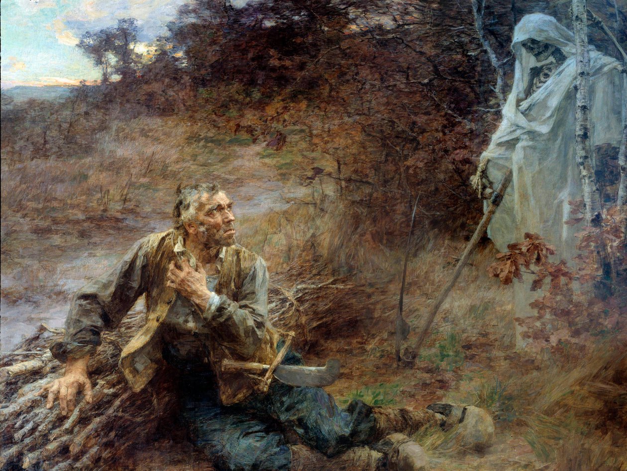 死亡与樵夫寓言的插图 作者 Jean de La Fontaine (1621-1695) Leon Augustin Lhermitte (1844-1925) 绘画，1893 年，2.06 x 2.42 米，蒂埃里城堡，博物馆 La Fontaine - 死亡和伐木者。 让·德拉的寓言插图 作者 莱昂·奥古斯丁·莱米特
