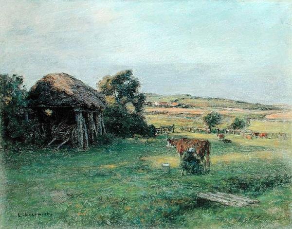 农妇挤奶的风景，19世纪80年代中期（布面油画） 作者 莱昂·奥古斯丁·莱米特