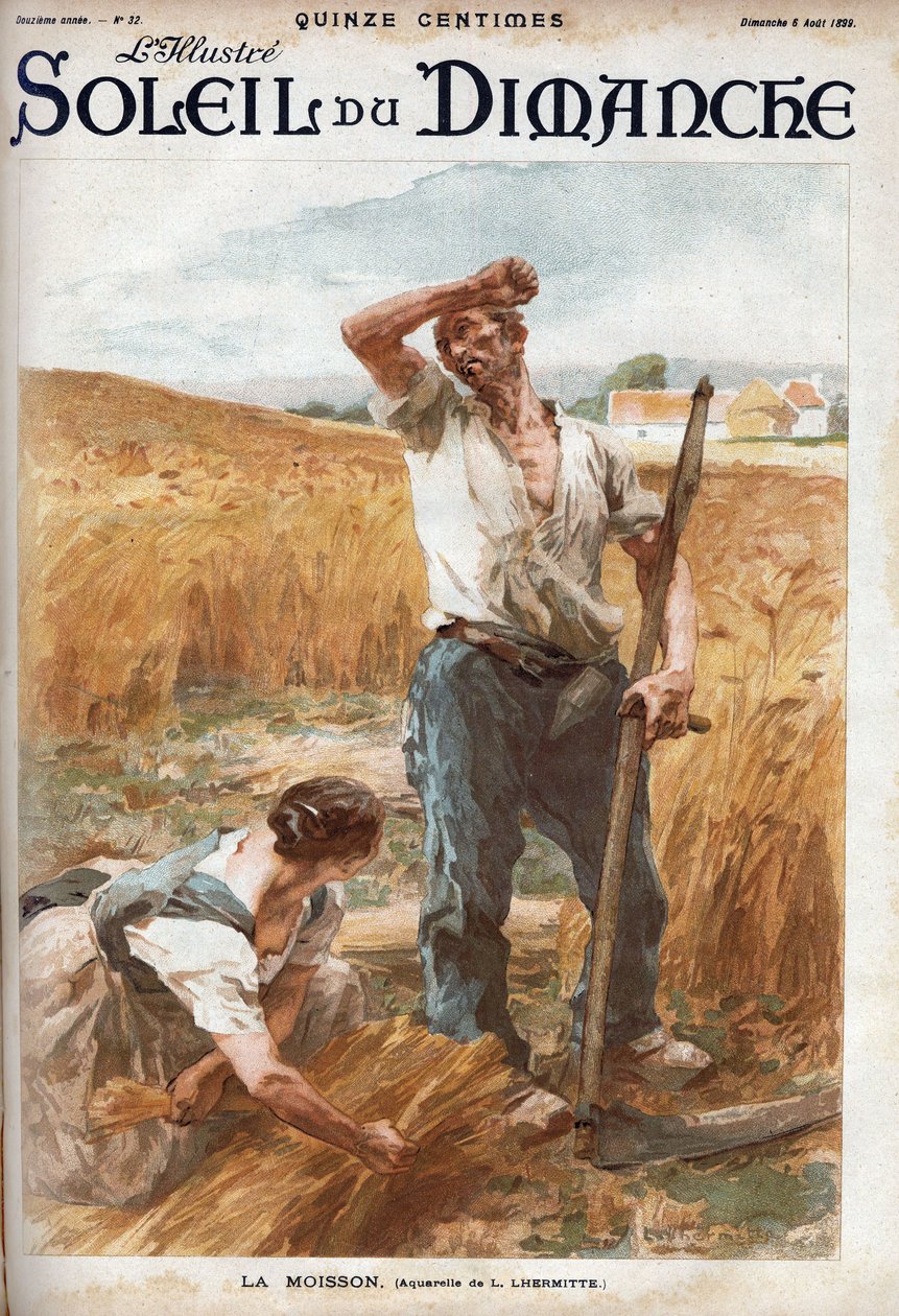 收获的时候。农民在田里割麦子。(根据L. Lhermitte的水彩画)在 "Le sun-du-dimanche "上的雕刻，8月6日 作者 莱昂·奥古斯丁·莱米特