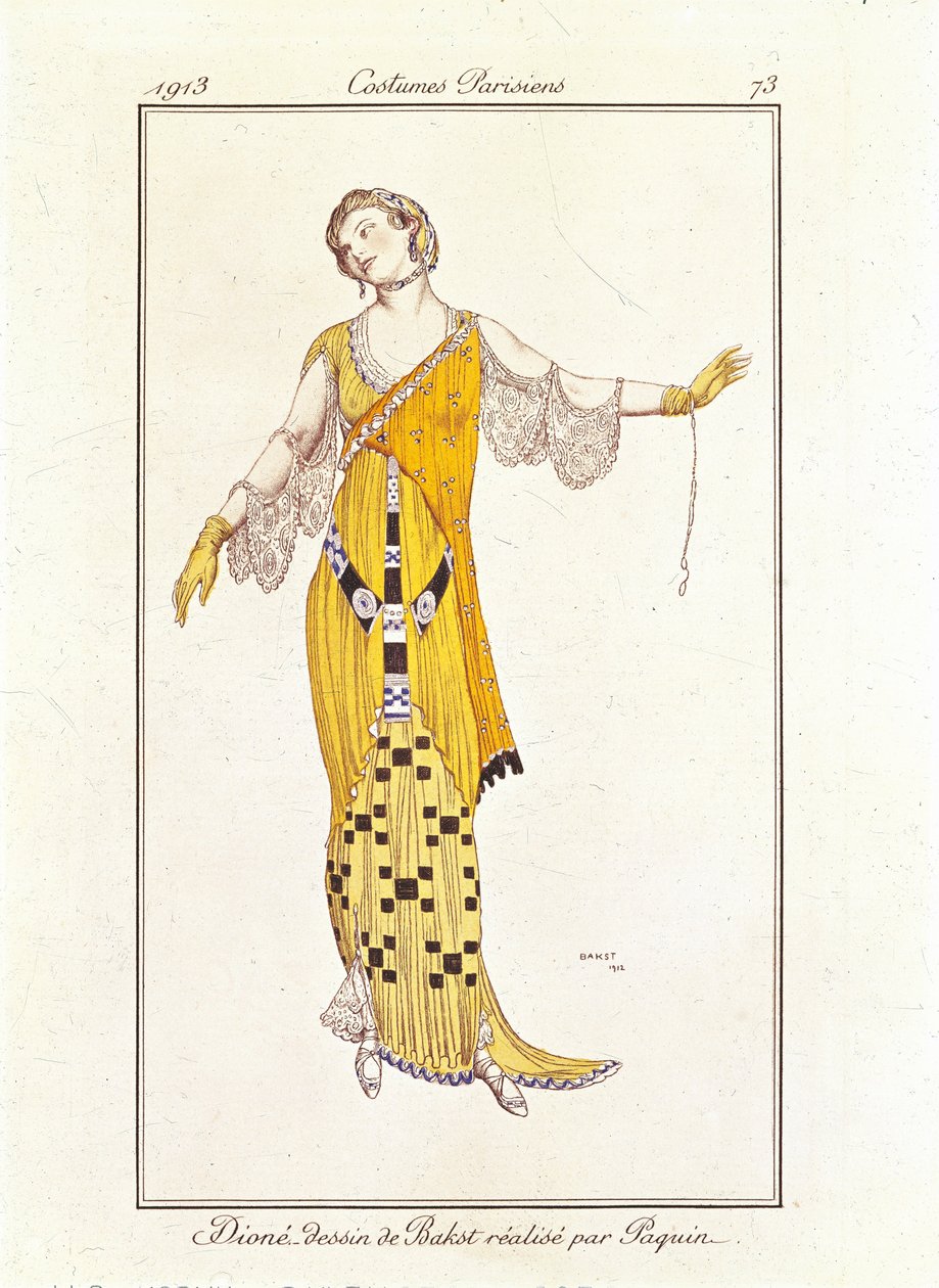 3285642 Dioné，Bakst 绘制，Jeanne Paquin 制作。 巴黎服饰 no.73 作者 莱昂·巴克斯特