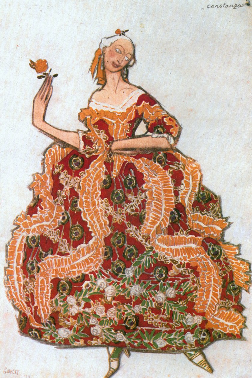 康斯坦萨，根据卡洛-戈尔多尼的喜剧《善良的女人》创作的芭蕾舞服装素描（纸面水彩画） 作者 莱昂·巴克斯特