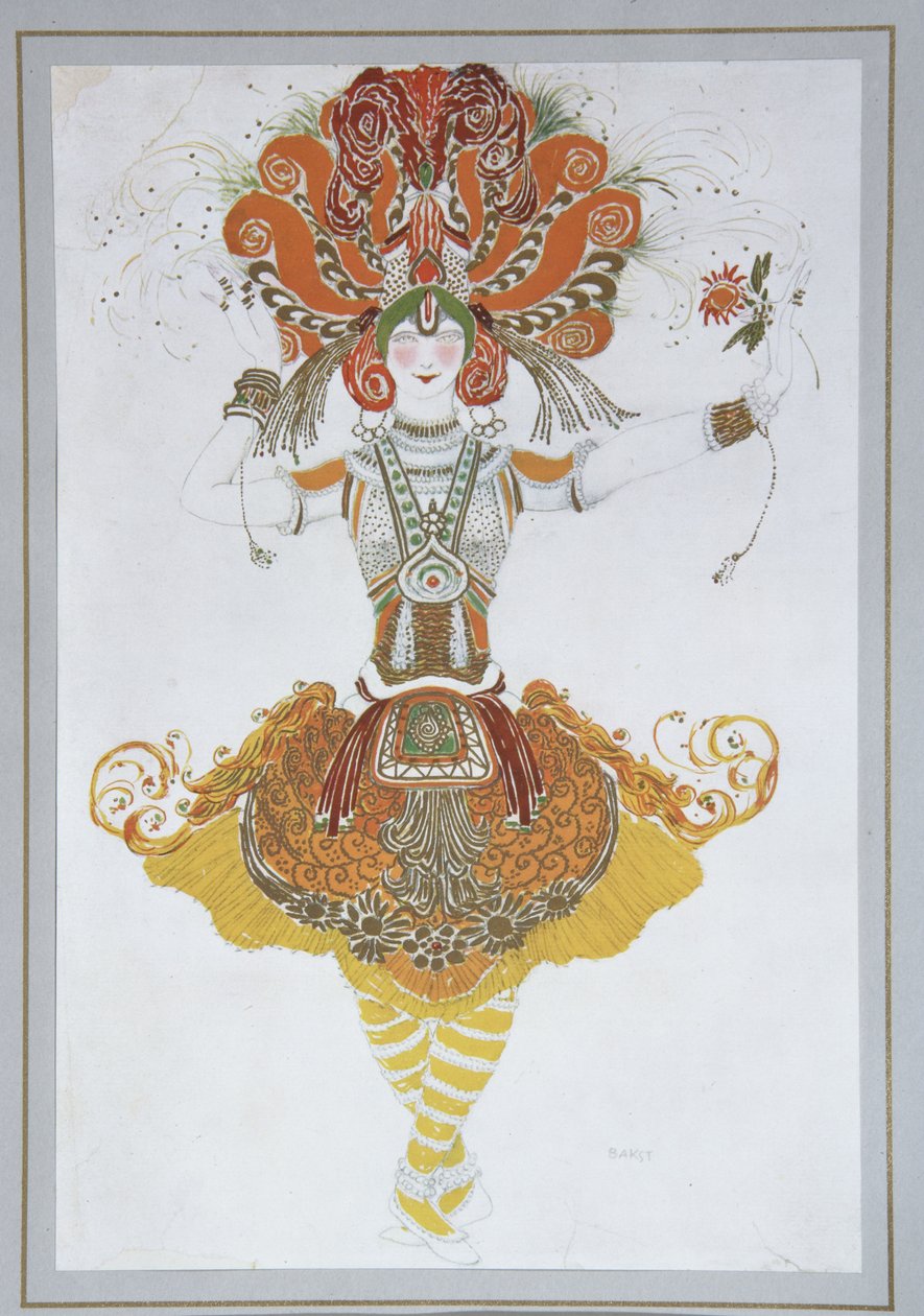 I. Stravinsky创作的芭蕾舞剧《 Firebird Loiseau de feu》中的Tamara Karsavina服装设计，1909-1910年 作者 莱昂·巴克斯特
