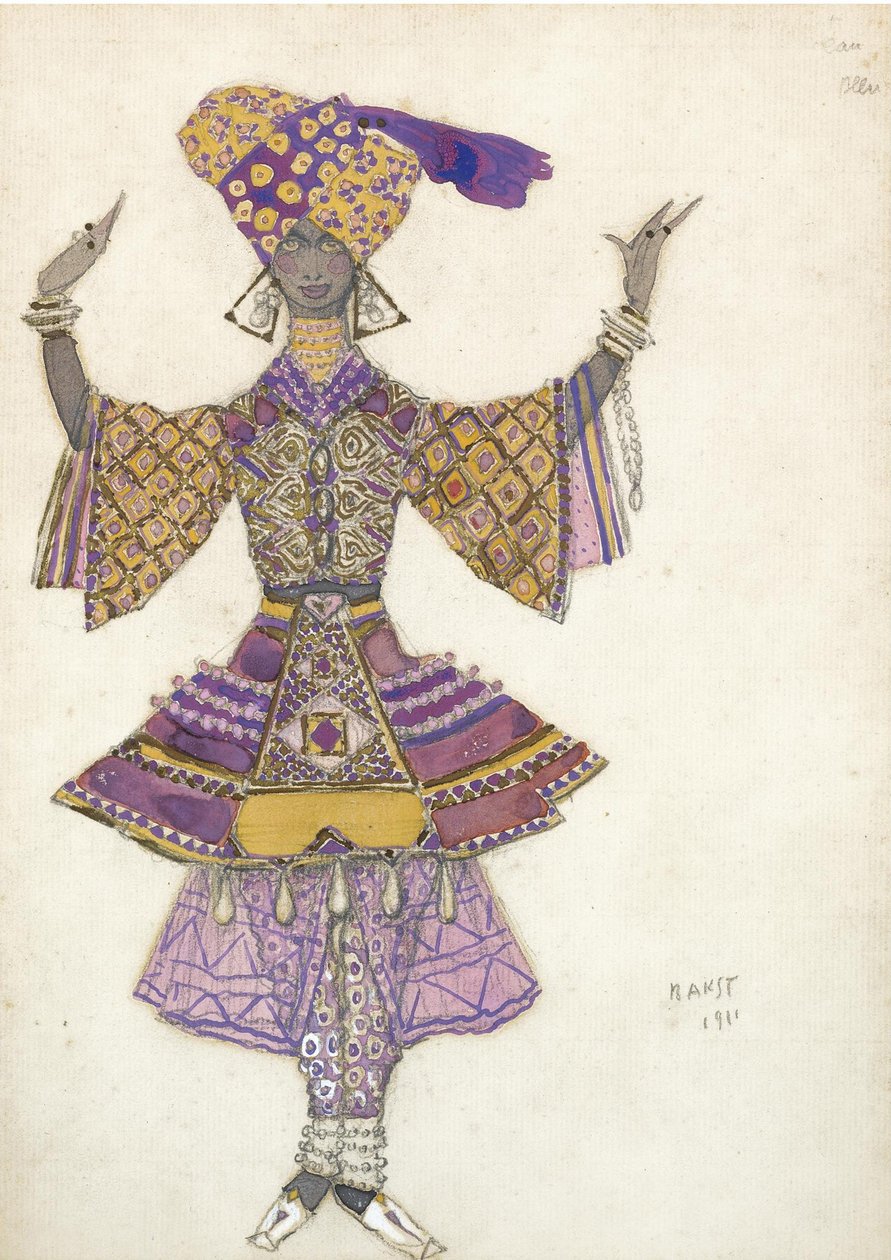 哈恩（R. Hahn）的《蓝色芭蕾舞团》的服装设计，1911年 作者 莱昂·巴克斯特