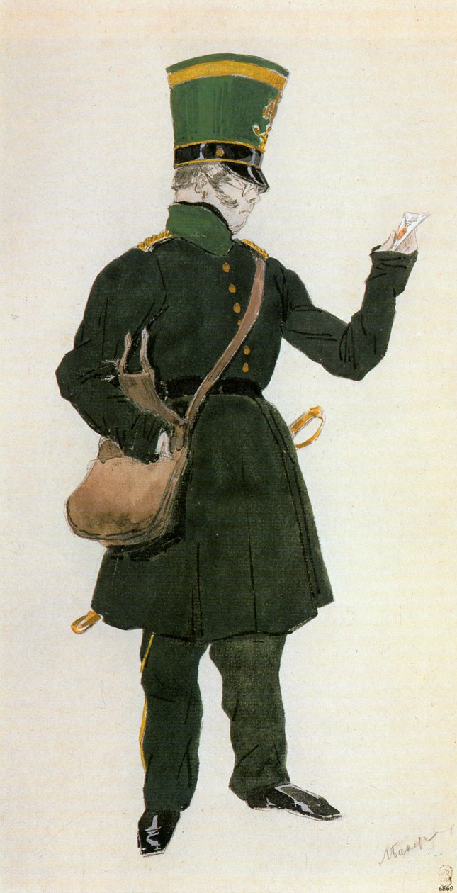 J 邮差的服装素描（纸面水彩、青铜和印度墨水） 作者 莱昂·巴克斯特