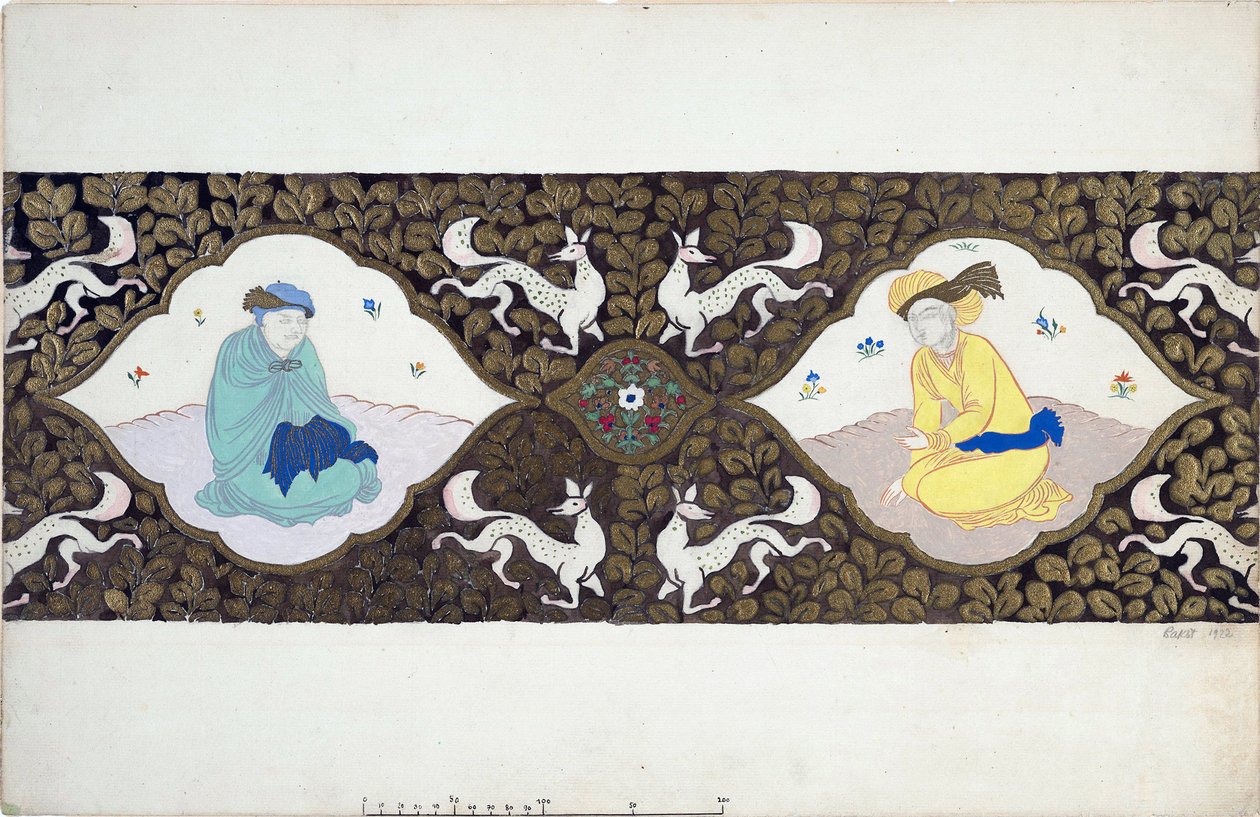 博胡斯拉夫-马蒂努（1890-1959 年）的芭蕾舞剧《伊斯塔》的舞台设计。(B. Martinu 的芭蕾舞剧《伊斯塔》的舞台设计）。在树叶和动物的装饰中，两个蒙着面纱的东方人物。莱昂-巴克斯特（1866-1924 年）的作品，水彩画和 作者 莱昂·巴克斯特