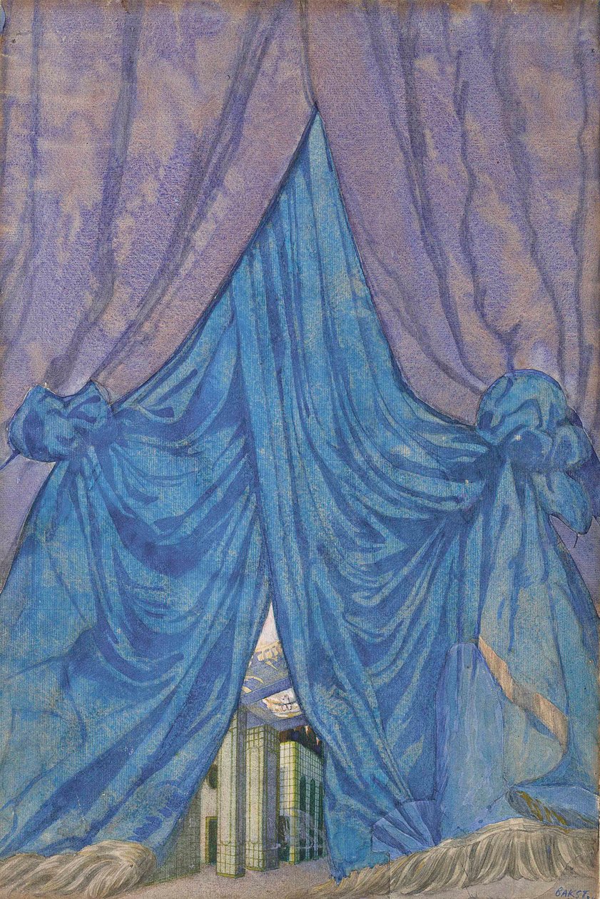 1921年P. Tchaikovsky的芭蕾舞剧《睡美人》窗帘的设计。 作者 莱昂·巴克斯特