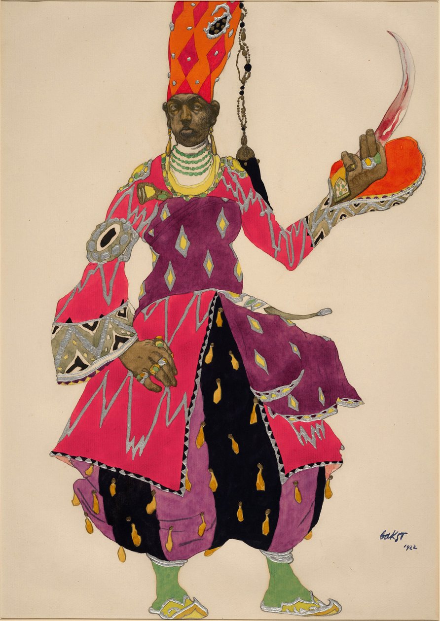 Eunuque"Eunuch" Costume for the ballet Sheherazade (Scheharazade) by Nicolas (Nikolai) Rimski Korsakov (Rimski-Korsakov) 1922 (watercolour). Costume pour le balet Sheherazade (Scheharazade) de Nicolas (Nikolai) Rimski Korsakov (Rimski-Korsakov) (1844-1908) 作者 莱昂·巴克斯特