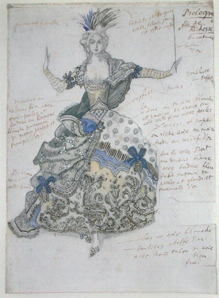 La Belle au Bois Dormant，"La Fee de Richesse "的服装设计（纸上水彩，铅笔，白色和金色加高）。 作者 莱昂·巴克斯特