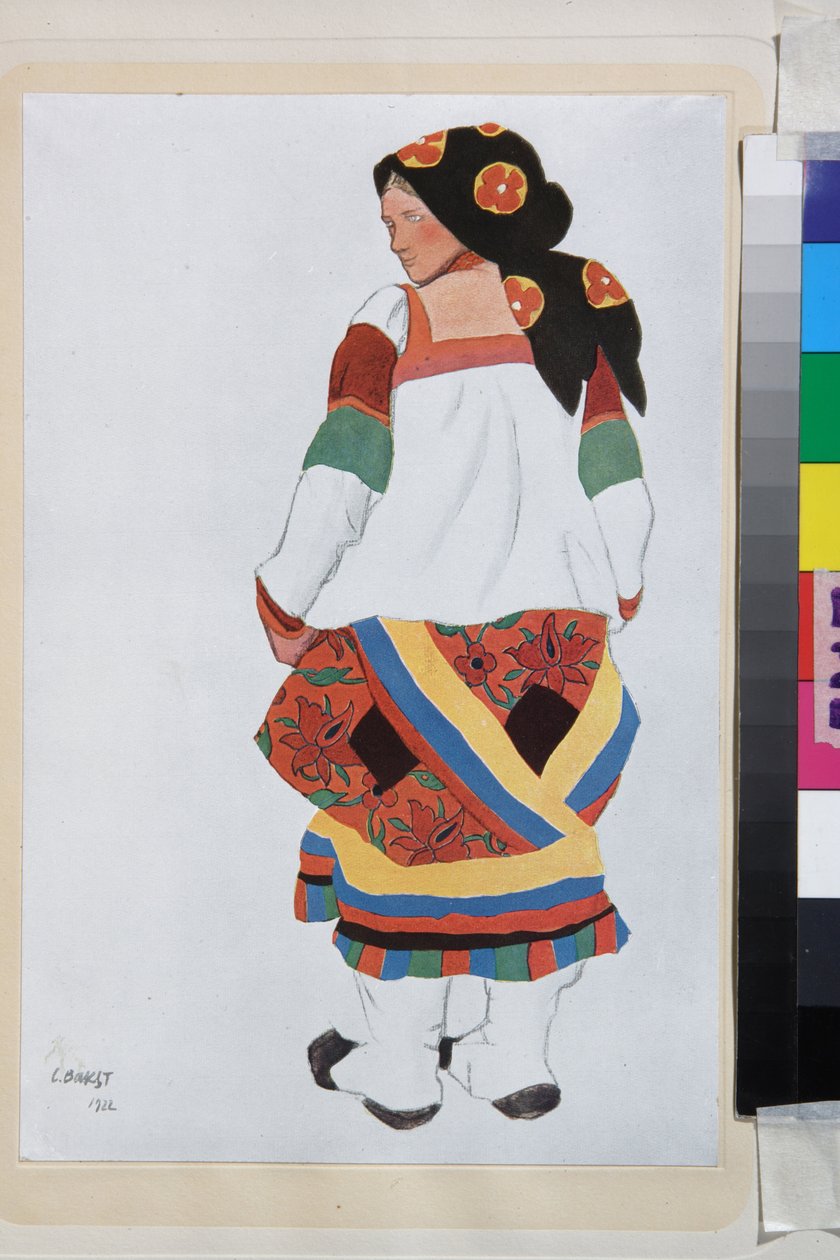 Paysanne, costume pour le vaudeville Vieux Moscou, au theatre Femina, Paris (France) - Oeuvre de Leon Bakst (1866-1924)，lithographie 1922 -（农妇，巴黎费米娜剧院杂耍剧《老莫斯科》的服装设计，作者莱昂-巴克斯特（1866-1 作者 莱昂·巴克斯特