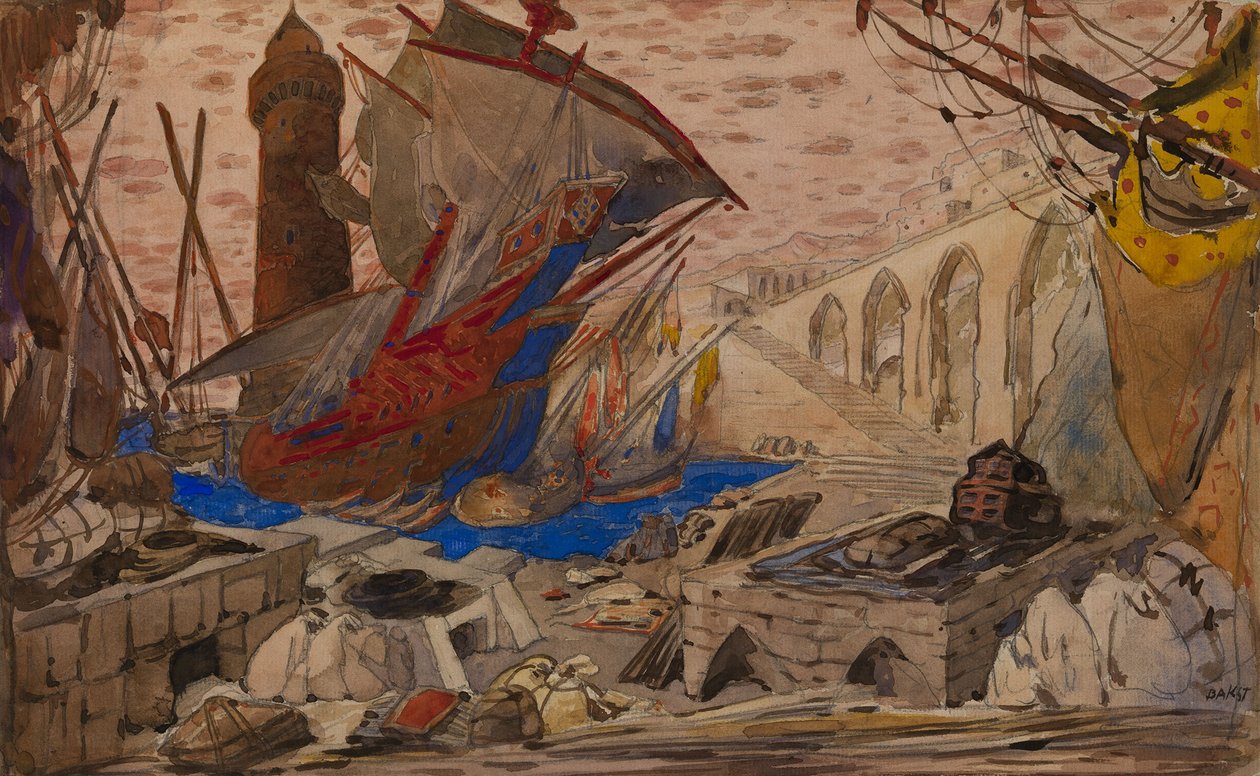 Ga Piriele dAnnunzio的《 La Pisanelle或气味死亡》的布景设计，1913年 作者 莱昂·巴克斯特