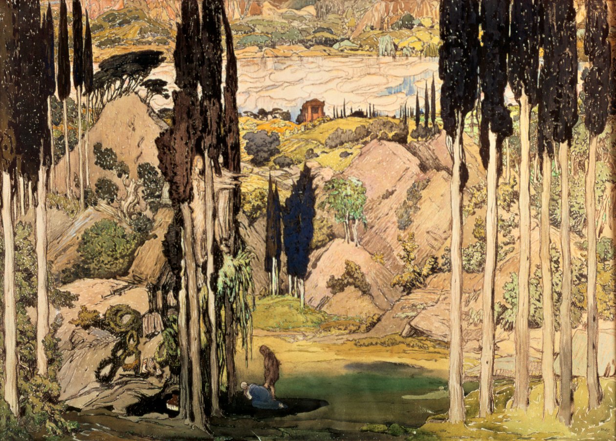 芭蕾舞剧Ravels Daphnis和Chloe作品《第二幕》的布景设计，1912年 作者 莱昂·巴克斯特