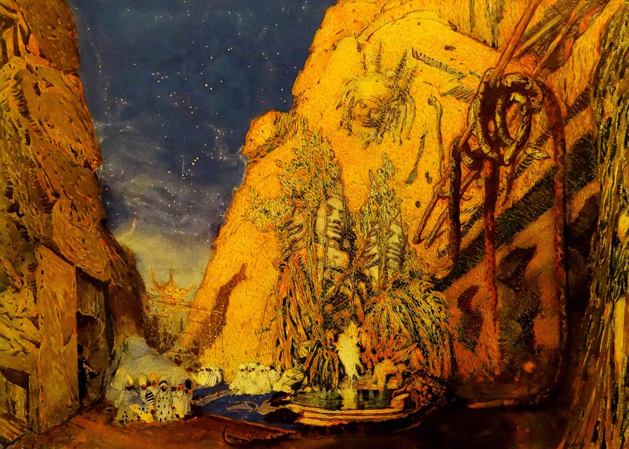 哈恩（R. Hahn）的《蓝色芭蕾舞团》的舞台设计，1911年 作者 莱昂·巴克斯特