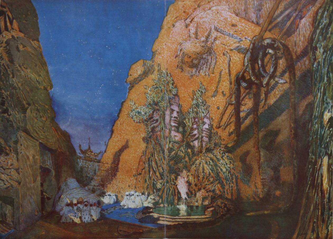 哈恩（R. Hahn）的《芭蕾舞蓝神》的舞台设计，1912年 作者 莱昂·巴克斯特