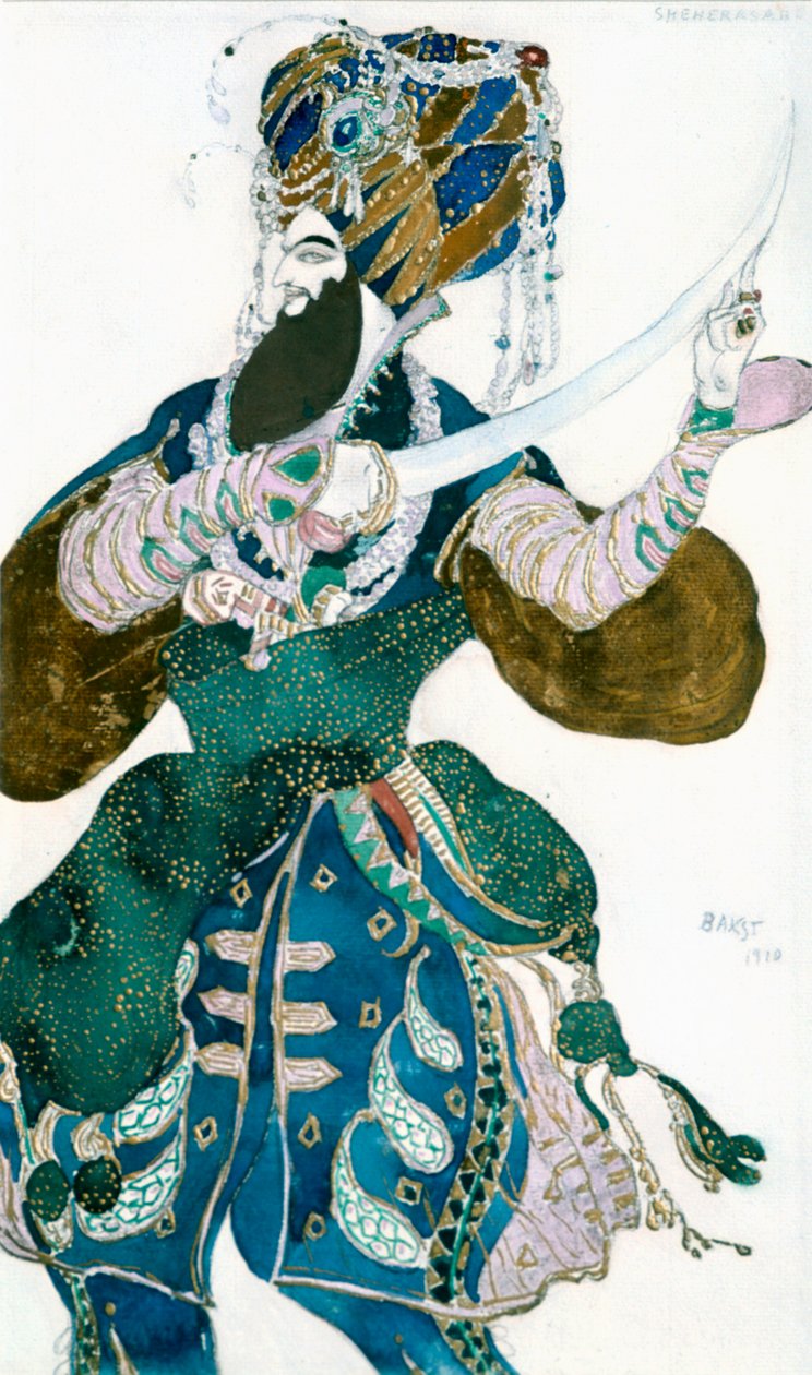 波斯国王莎（Shah of Persia），为俄罗斯芭蕾舞团（Scheherazade）生产的服装设计，创作于1913年。 作者 莱昂·巴克斯特
