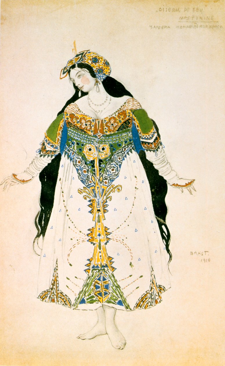 Tsarevna，俄罗斯芭蕾舞团Stravinskys The Firebird的服装设计，1910年 作者 莱昂·巴克斯特