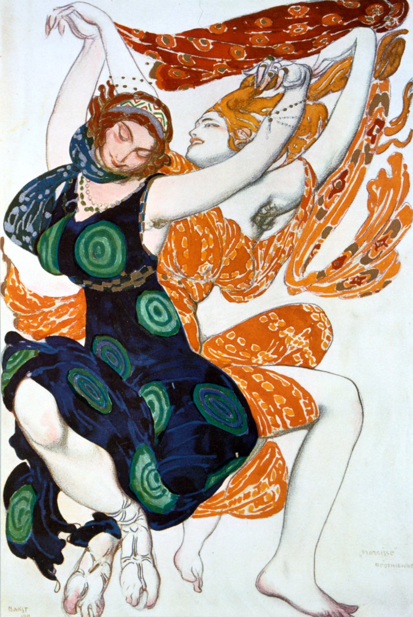 两个Bacchantes，为Tcherepnins Narcisse的Ballet Russes生产的服装设计，1911年 作者 莱昂·巴克斯特