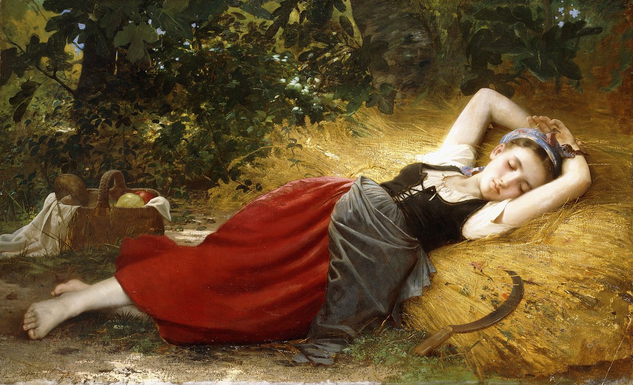 一个年轻的农民女孩，睡觉，1874年 作者 莱昂·巴齐勒·佩罗