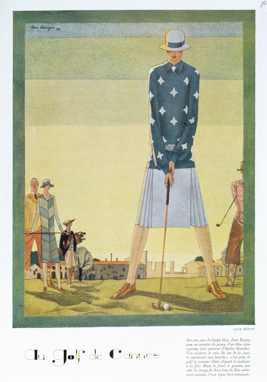 简-雷格尼设计的高尔夫球裙，《Femina》杂志时装版，1926 年圣诞节（彩色石版印刷）。 作者 莱昂·贝尼尼