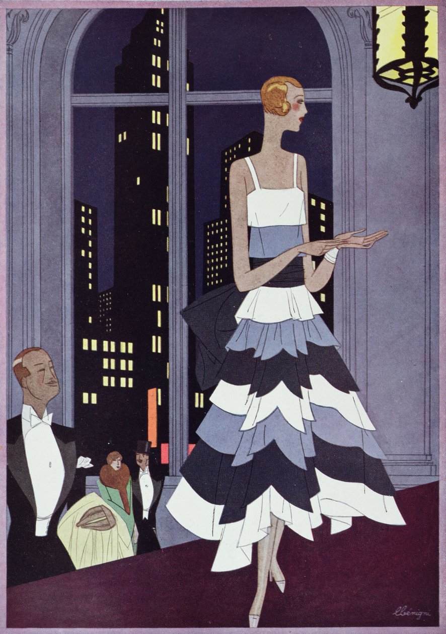 《纽约摩天大楼的目光下》，《Femina》杂志的时尚版画，1928 年 12 月（彩色平版印刷） 作者 莱昂·贝尼尼