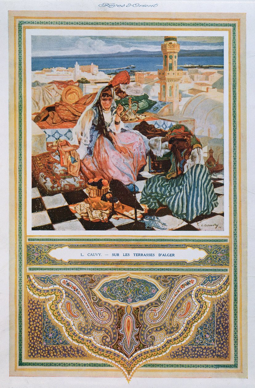 女人在阿尔及尔的露台上抽水烟（水管），c.1900 9colour litho） 作者 里昂·考维
