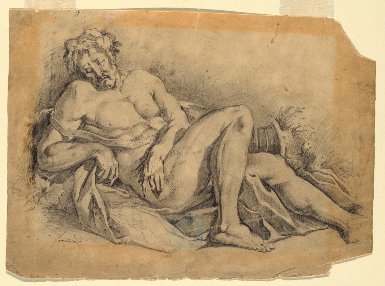 素描，《沉睡的巴克斯》（仿普桑），1886-92 年 作者 里昂·达博