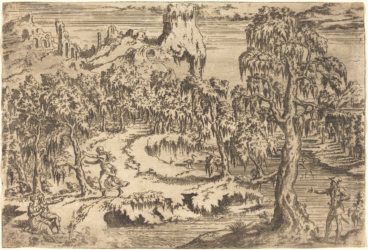 景观：一个女人在看到士兵时逃跑的情景 作者 莱昂·达文