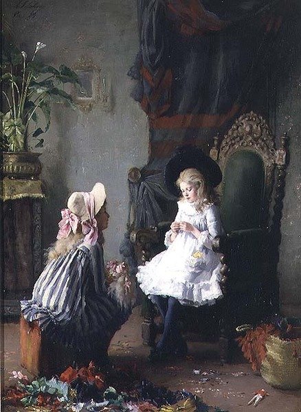 两个女孩给娃娃穿衣服 作者 莱昂·德拉乔（Leon Delachaux）
