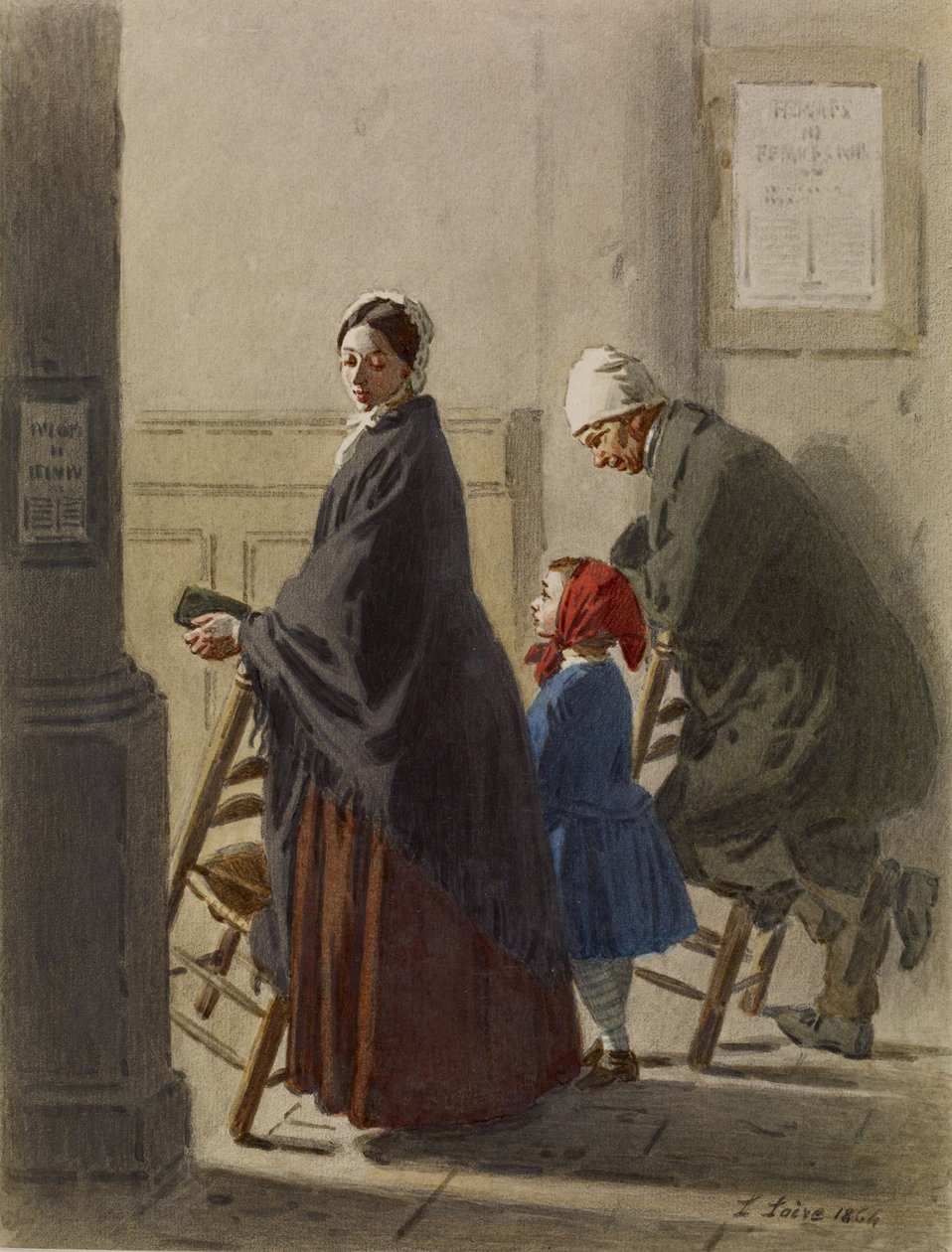 男人，女人和女孩在教堂祷告，1864年（wc和石墨在纸上） 作者 莱昂·亨利·安托万·卢瓦尔