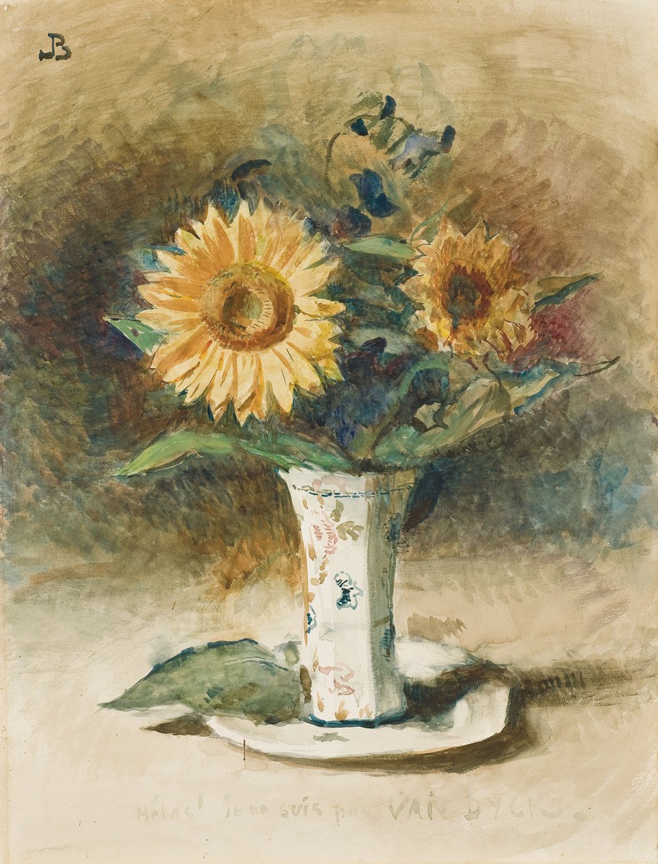 嗨!Je ne suis pas Van Dyck: 花瓶里的两朵向日葵（黑粉笔，水彩，铺在画板上）。 作者 莱昂·约瑟夫·弗洛伦汀·波纳特