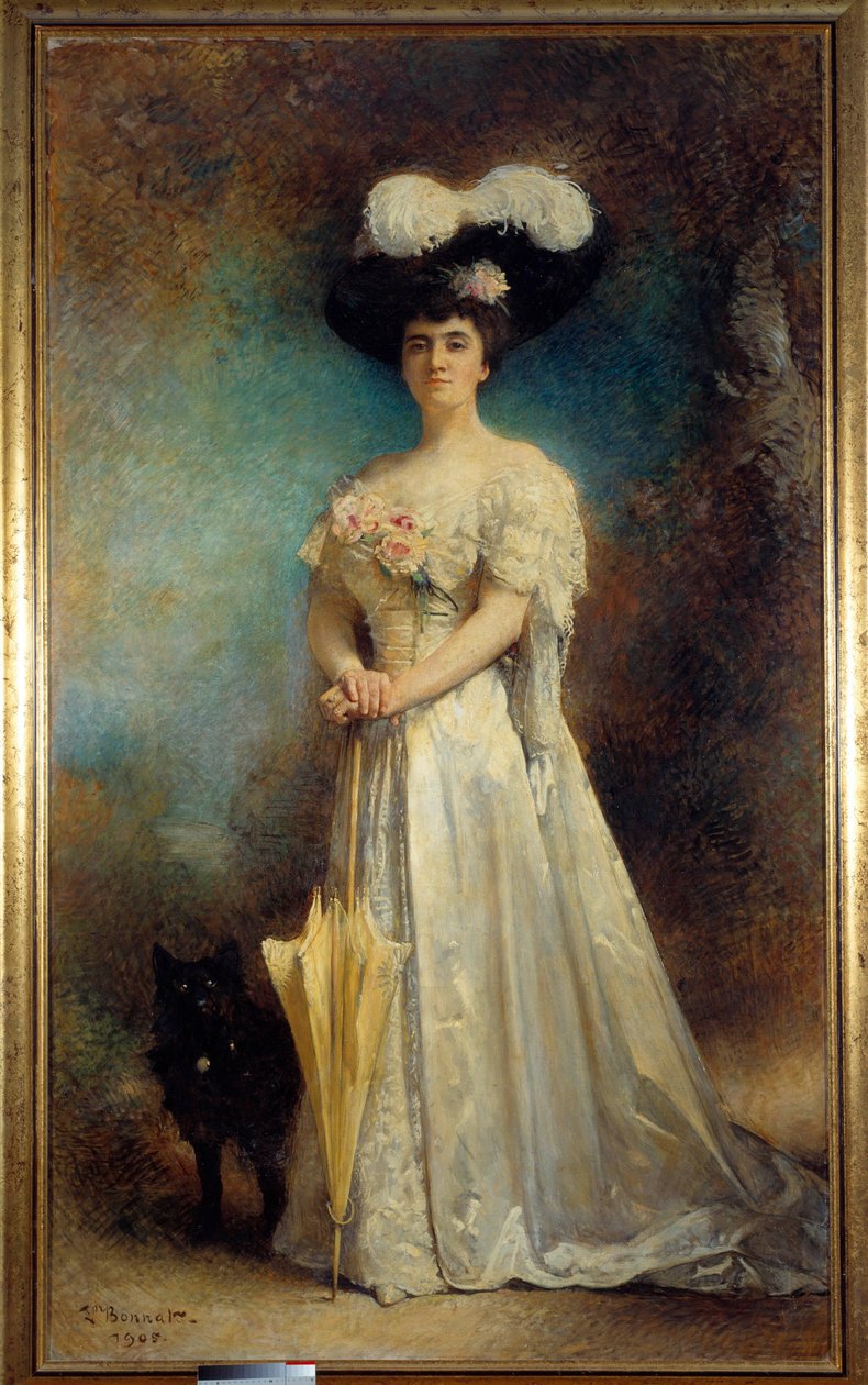 莫里斯·帕斯卡夫人和她的狗的全长肖像 小画 由 Leon Joseph Bonnat (1833-1922) 1905 年 2.17x0.9 米波城，美术博物馆 - Maurice Pascal 夫人和她的狗 Tiny 的全长肖像。 Leon Joseph Bonnat 的绘画（1833-19 年） 作者 莱昂·约瑟夫·弗洛伦汀·波纳特