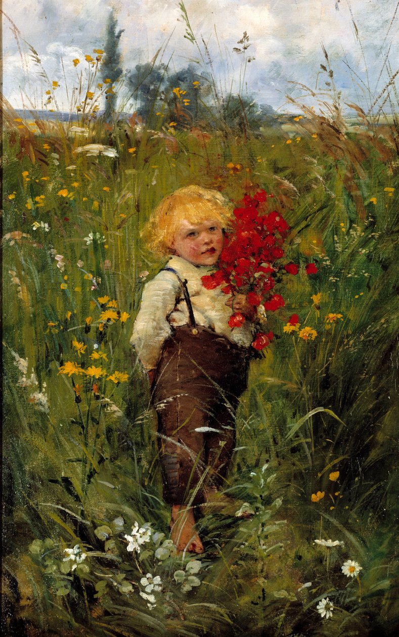 拿着花束的小男孩。 Leon Tanzi (1846-1913) 的绘画 作者 列昂·路易斯·坦兹