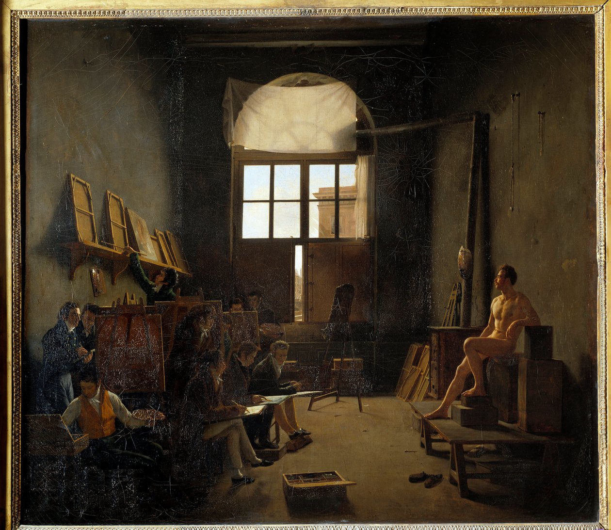 1814 年大卫在四国学院（今法兰西学院）的工作室内部。 Mathieu Cochereau (1793-1817) 的绘画 作者 莱昂·马修·科切罗