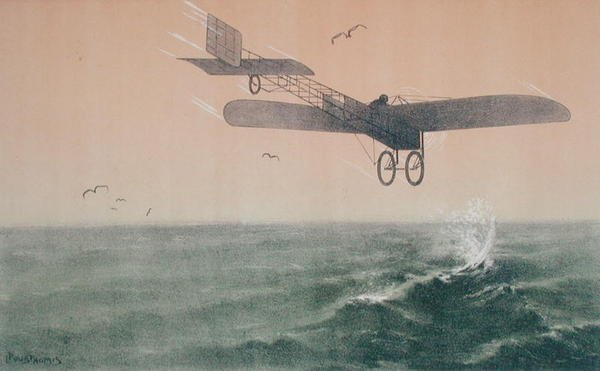 Louis Bleriot（1872-1936）于1909年7月25日首次乘坐飞机穿越英吉利海峡，约1910年（彩色平印）。 作者 里昂·波索米斯
