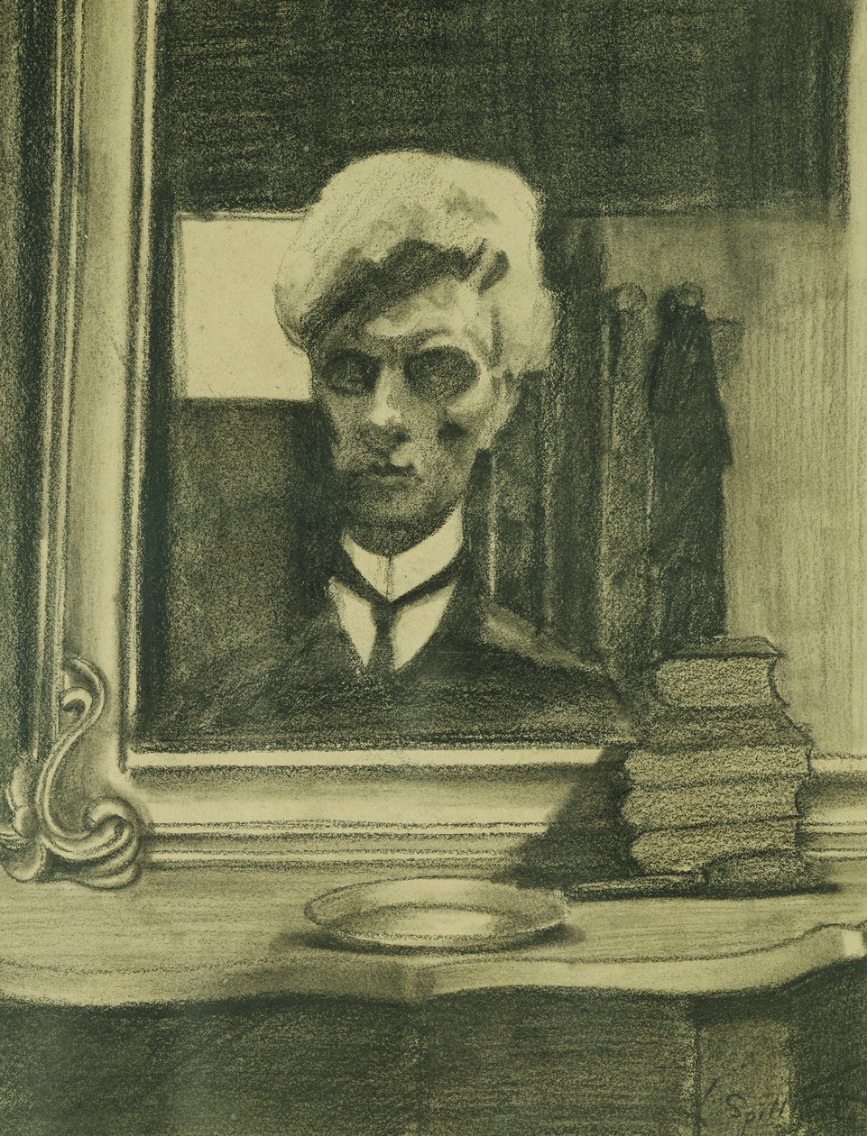 自画像； 自画像，c.1907（米黄色纸上木炭和蜡笔） 作者 里昂·斯皮里亚特