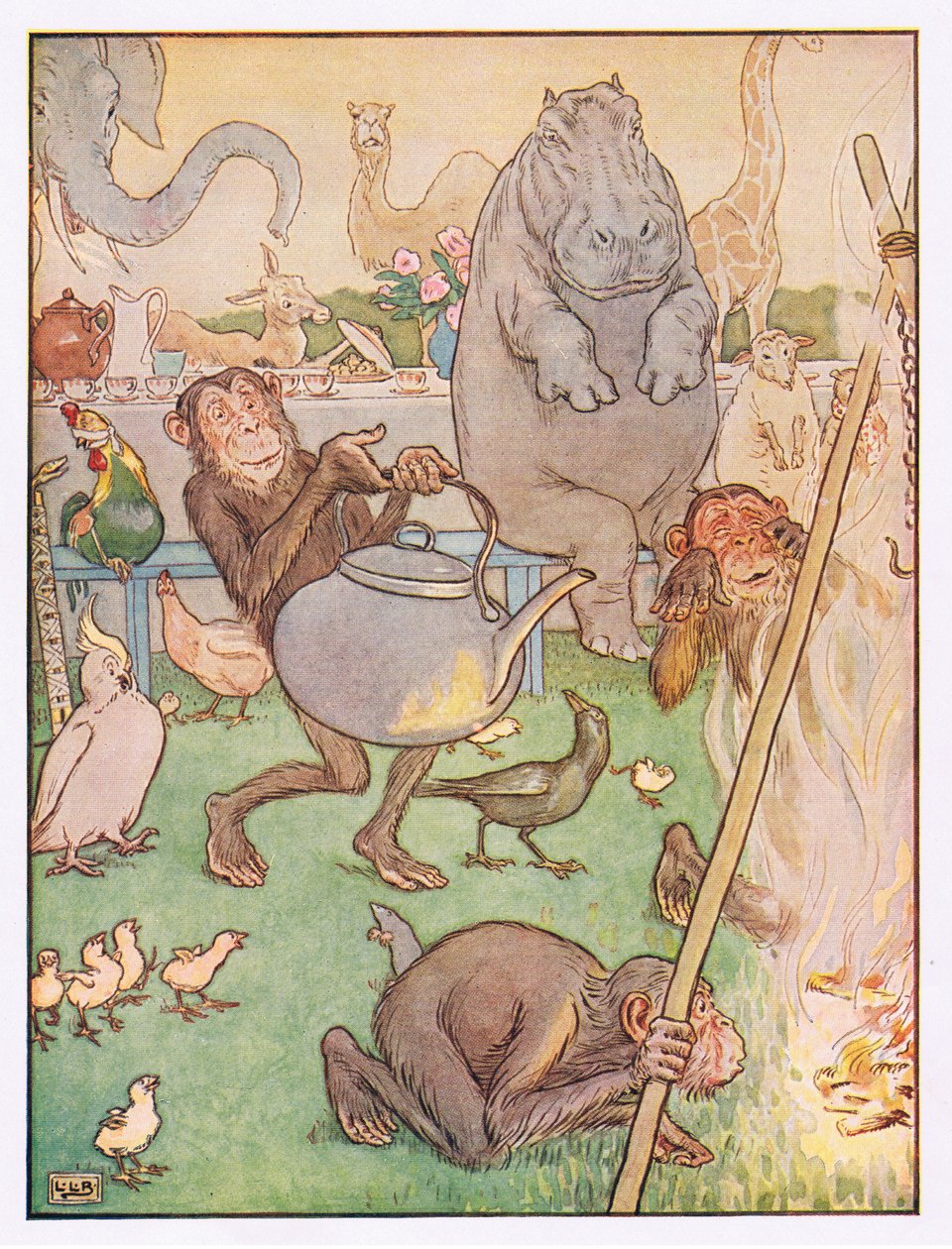所以黑猩猩把水壶放在茶壶上，插图来自&39;Johnny Crow&39;s Party&39;，c.1930 作者 伦纳德·莱斯利·布鲁克