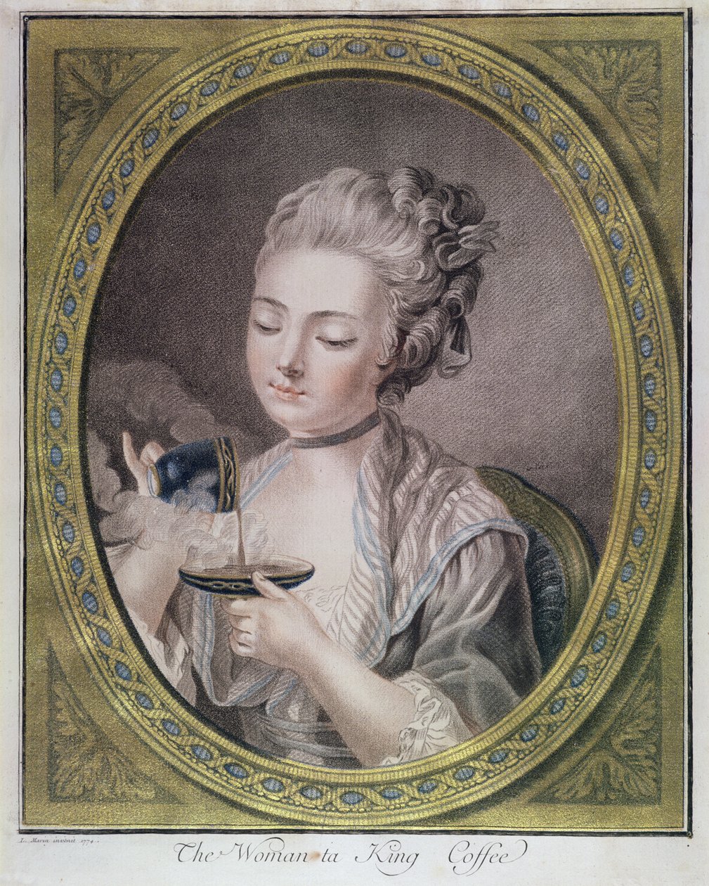 女人喝咖啡，c.1774（蜡笔雕刻，彩色和金色加高） 作者 莱昂纳多·马里尼