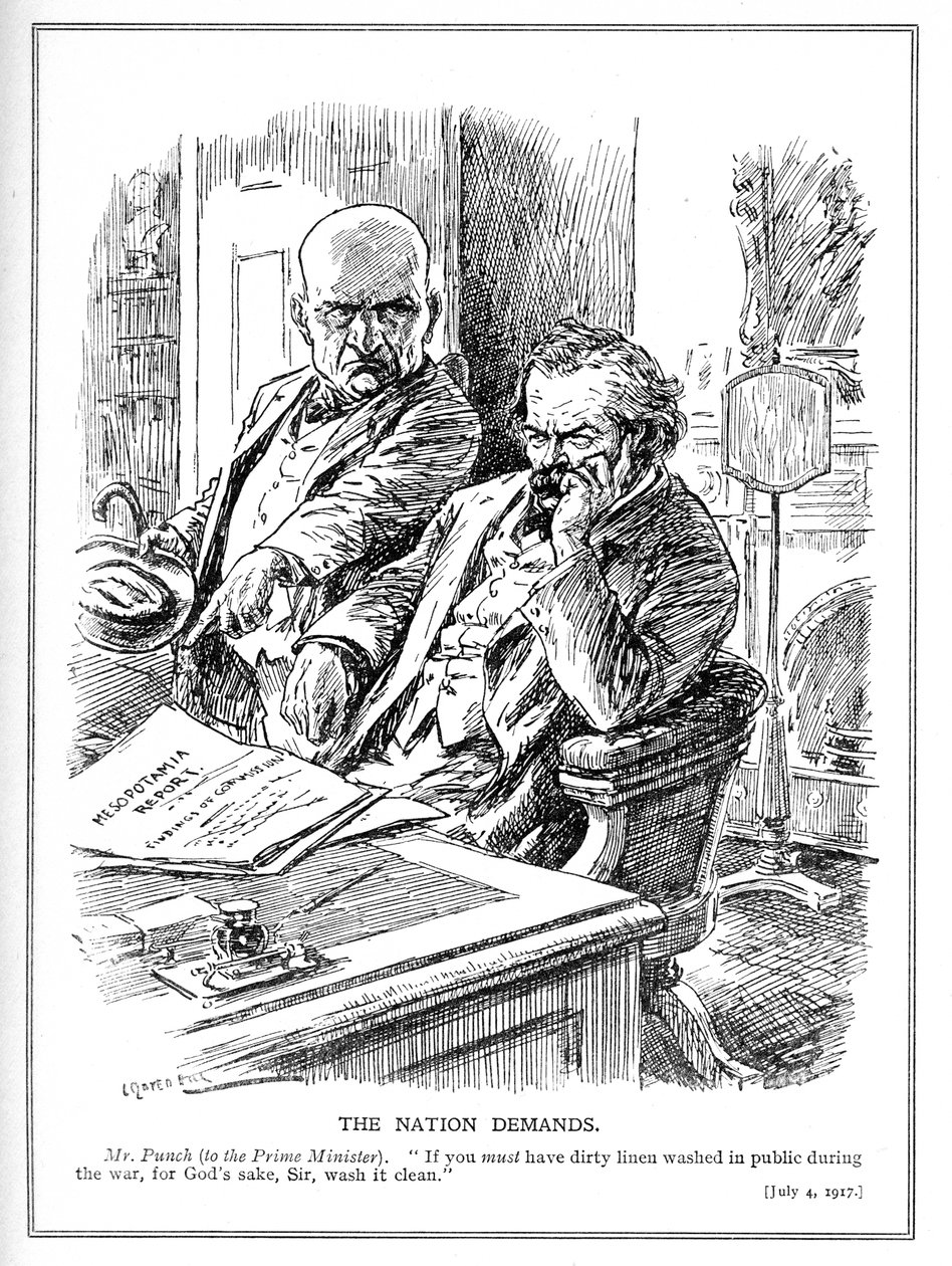 劳尔先生在1914年对英国入侵伊拉克（美索不达米亚）的报告，1917年7月Punch杂志的卡通片中斥责了LLoyd George 作者 伦纳德·雷文·希尔