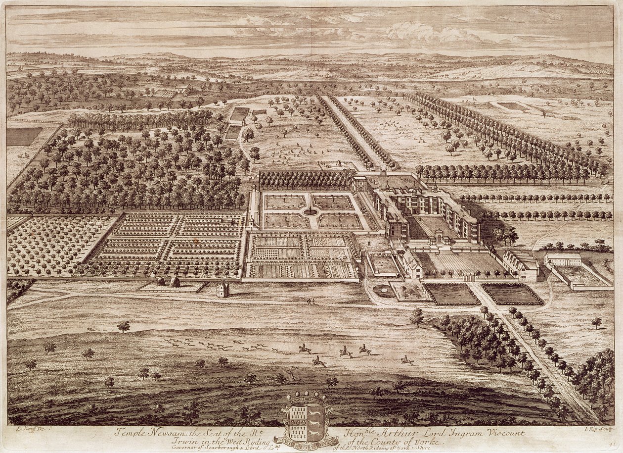 扬·基普（Jan Kip（c.1652-1722））雕刻的东方神庙Newsam House的前景色（c.1652-1722）1702（雕刻） 作者 伦纳德（后）克奈夫