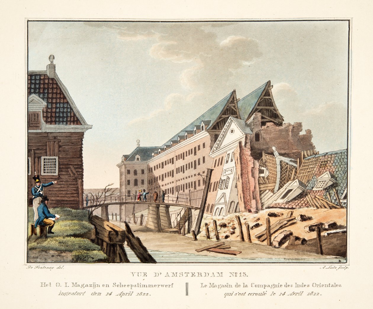 Vue d&39;Amsterdam No.13。 OI仓库和造船厂的院子于1822年4月14日倒塌.Le Magasin de la Compagnie des Indes Orientales qui s&39;estecrouléle14 Avril 1822,1825（手工彩色雕刻） 作者 伦纳德·亚历克西斯·达利格·丰特奈
