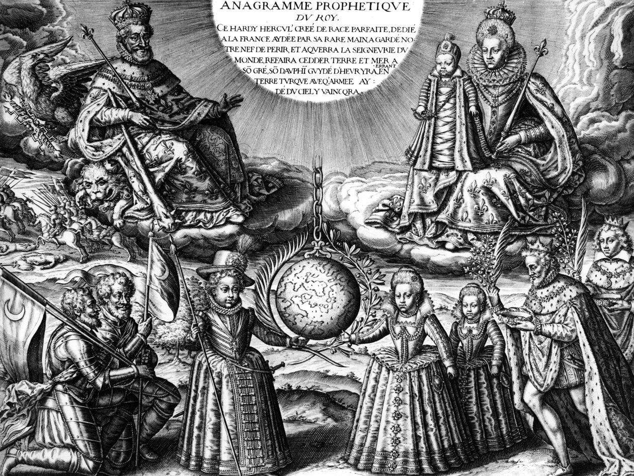 French royal family in 1607 (propaganda) : French king Henri IV and his wife queen Marie de Medicis holding their daughter Christine ; bottom : their other children : the future Louis XIII, Elisabeth and Henriette-Marie. On r : the king followed by his ill 作者 伦纳德·高缇耶