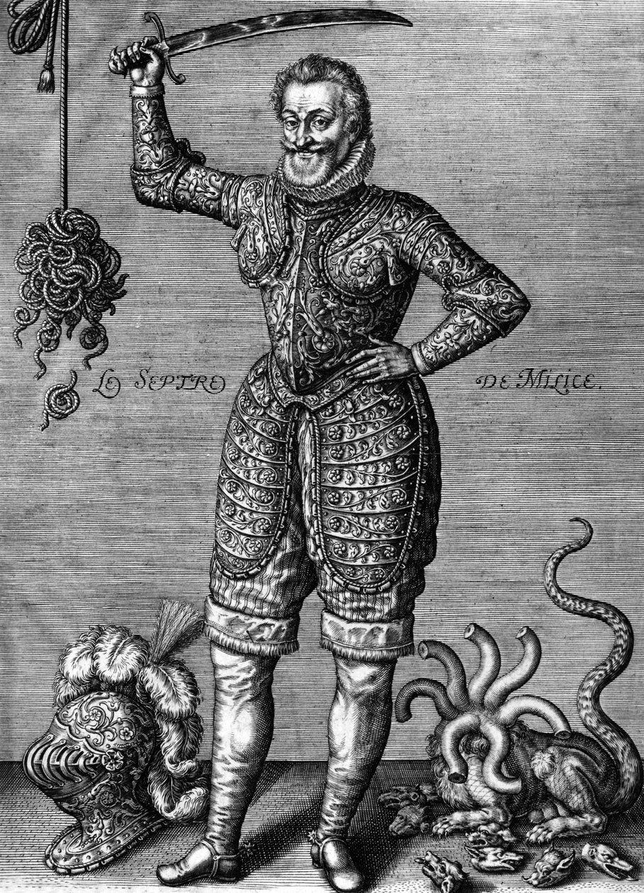 Henri IV (1553-1610) mfumu yaku France mu 1589-1610, pano atavala zida, atanyamula lupanga, ngati wolimbana ndi zolakwika, zolemba ndi Leonard Gaultier 作者 伦纳德·高缇耶