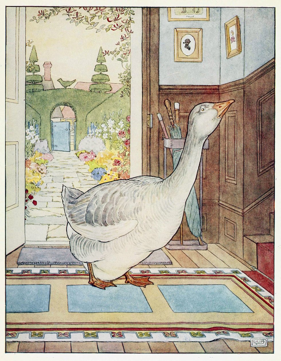 Goosey, Goosey Gander, Where Shall I Wander?, from A Nursery Rhyme Picture Book, pub. 1914 (colour litho) 作者 伦纳德·莱斯利·布鲁克