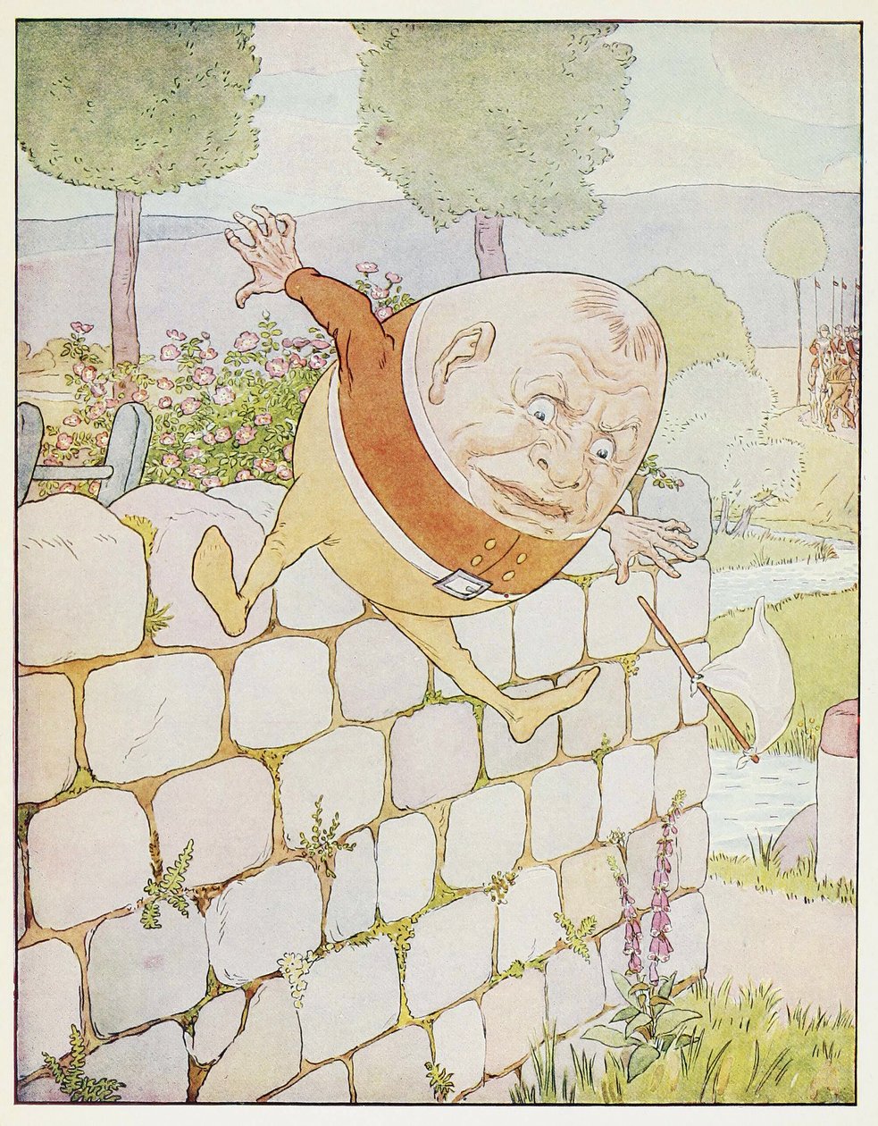 Humpty Dumpty 跌倒了，来自 A Nursery Rhyme Picture Book，酒吧。 1914（彩色石版画） 作者 伦纳德·莱斯利·布鲁克